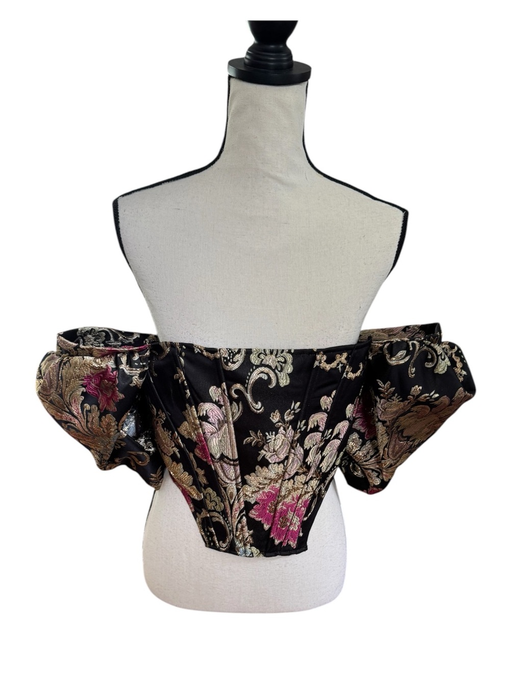 Off-Shoulder Brocade Crop Top with Puff Sleeves - Black Floral
